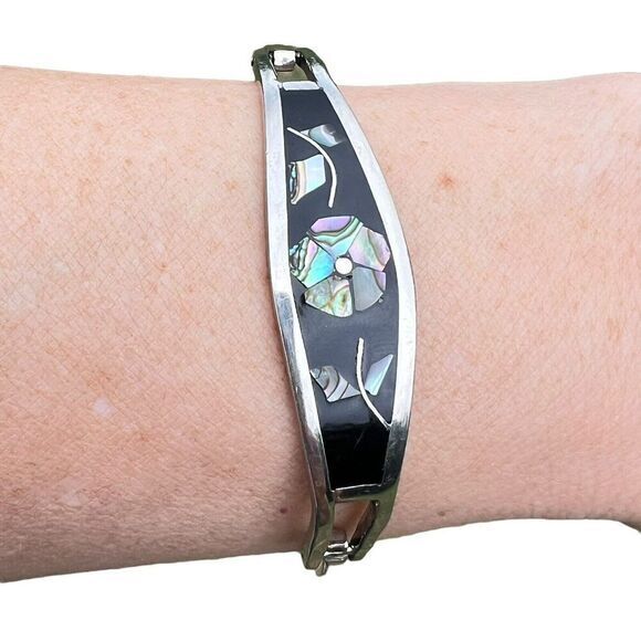 Vintage Alpaca‎ Mexico Women's Bracelet Abalone Shell Floral Silver Tone Signed - Picture 12 of 16